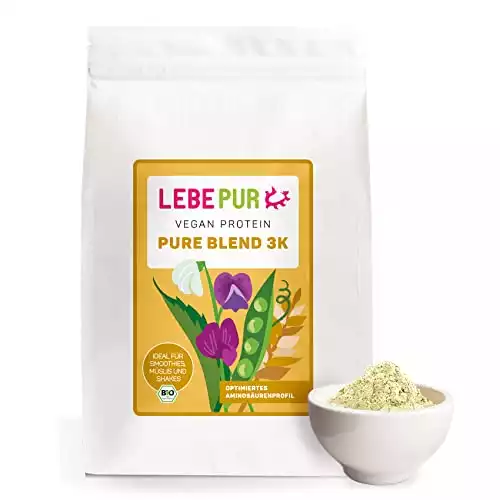 Lebepur BIO 3K Protein Pulver vegan 1kg - NEUTRAL - SOJAFREI - 80% Eiweiß aus gesprossten Erbsenprotein, Reisprotein und Hanfprotein - ohne Zusatzstoffe, Zucker - laborgeprüft, glutenfrei