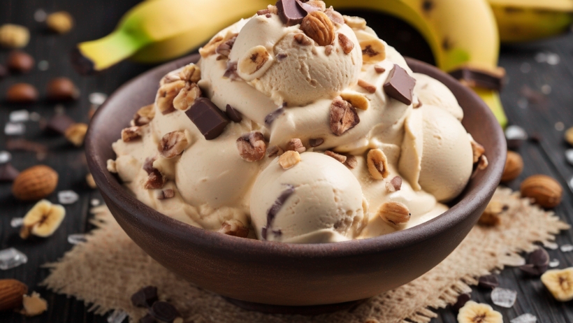 Eine Holzschale gefüllt mit Bananeneis, garniert mit Schokoladenstückchen, Mandelstücken und Bananenscheiben. Perfekt für alle, die vegane Desserts ausprobieren möchten.