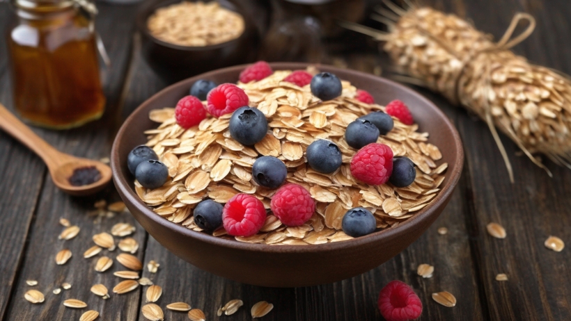 Eine Schüssel Haferbrei mit frischen Blaubeeren und Himbeeren, ein Holzlöffel, ein Glas Ahornsirup und ein Bündel Weizen stehen auf einem dunklen Holztisch und zeigen die Schönheit der veganen Küche. Perfekt für Anfängerrezepte, die die Welt der pflanzlichen Mahlzeiten erkunden.