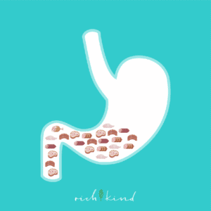 Im Vergleich zu veganen Lebensmitteln füllt Fleisch den Magen weniger bei gleichen Kalorien.