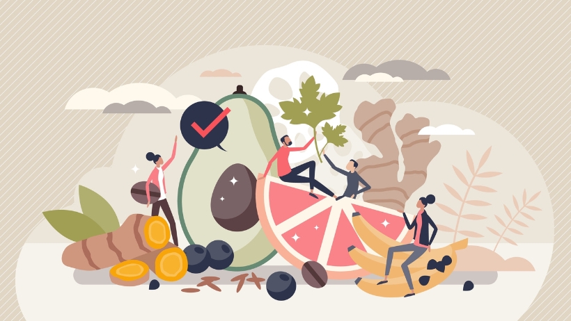 Illustration von kleinen Menschen, die mit großen Früchten und Gemüsen, darunter Avocado, Grapefruit, Kurkuma und Ingwer, interagieren und so Gesundheit und Wohlbefinden in einem veganen Leben symbolisieren.