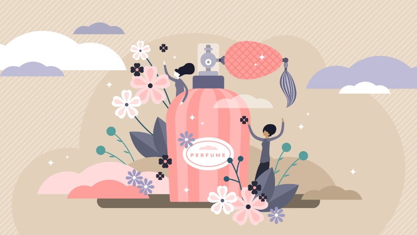 Illustration von zwei kleinen Figuren, die mit einer großen rosa Parfümflasche interagieren, die von verschiedenen Blumen und Blättern umgeben ist, vor einem pastellfarbenen Hintergrund mit Wolken, und die Essenz eines veganen Lebensstils verkörpern.