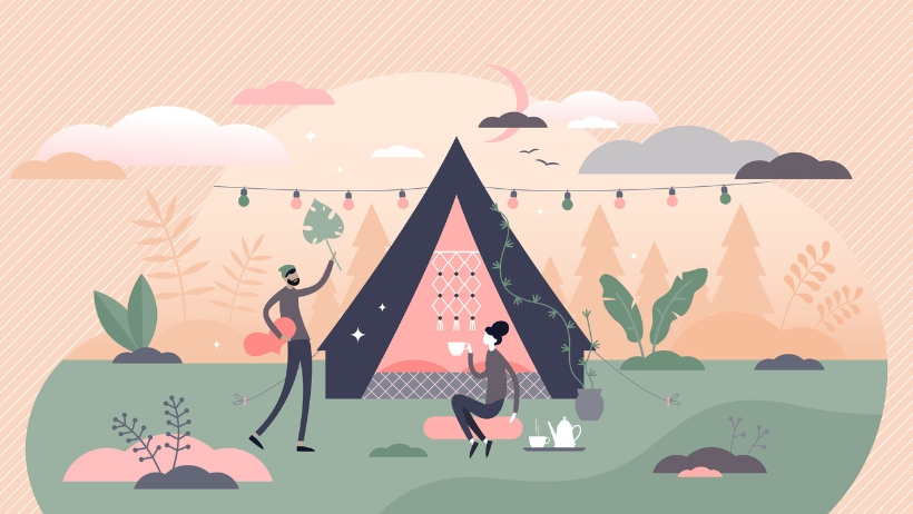 Illustration von zwei Personen vor einem Zelt. Einer steht mit einem Rucksack da und lebt den veganen Lebensstil, während der andere auf einem Teppich sitzt und aus einer Tasse trinkt. Im Hintergrund sind Lichterketten und Bäume zu sehen.