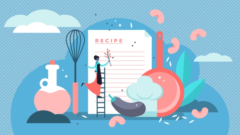 Illustration einer Person auf einer Leiter, die ein Blatt neben einer großen Rezeptkarte hält, umgeben von Kochutensilien, einem Topf, Gemüse und Gewürzen auf einem blauen Hintergrund, und die Essenz des veganen Lebens einfängt.