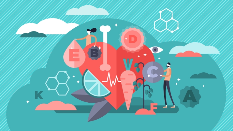 Abbildung mit einem Herz, Knochen, einer Karotte und einer Zitrone mit verschiedenen Vitaminen (A, B, C, D, E, K), die Gesundheit und Ernährung repräsentieren. Zwei Personen beschäftigen sich mit Aktivitäten rund um diese Elemente und verkörpern so ein lebendiges veganes Leben.