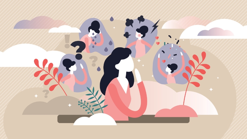 Illustration einer Frau, umgeben von schwebenden Köpfen, die verschiedene Emotionen wie Verwirrung, Wut, Traurigkeit und Glück darstellen, vor einem Hintergrund aus Wolken und Pflanzen. Das Kunstwerk spielt subtil auf die Frage an: Warum vegan leben?