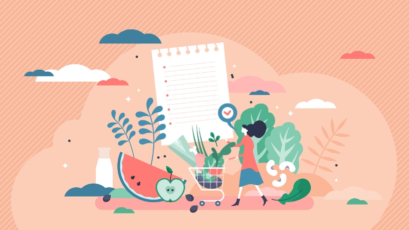 Illustration einer Frau, die einen Einkaufswagen voller Obst und Gemüse schiebt, darüber eine Einkaufsliste. Im Hintergrund sind eine Wassermelone, ein Apfel und verschiedene Blattgemüse zu sehen, die das vegane leben verkörpern.