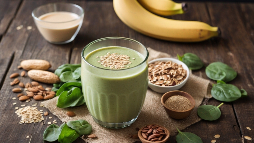 Ein grüner Smoothie im Glas, umgeben von Spinatblättern, Nüssen, Samen, einer Schüssel Haferflocken, zwei Bananen und einem kleinen Glas beigem Getränk auf einem Holztisch, bietet einen einladenden Einstieg in die vegane Küche, perfekt für Anfänger.